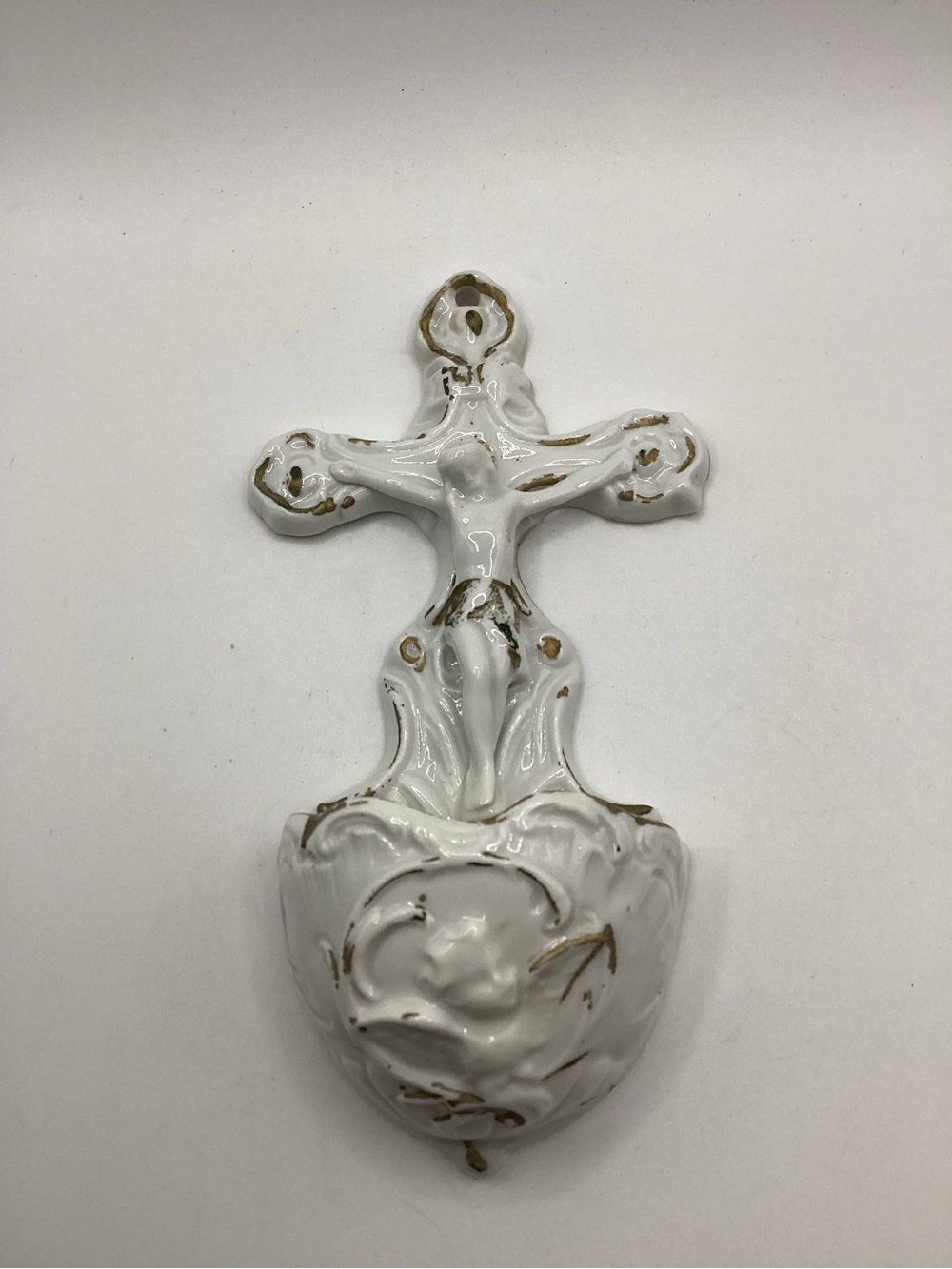 French Holy Water Font Christ Crucifix Gilt Porcelain Paris 1850 Stoup